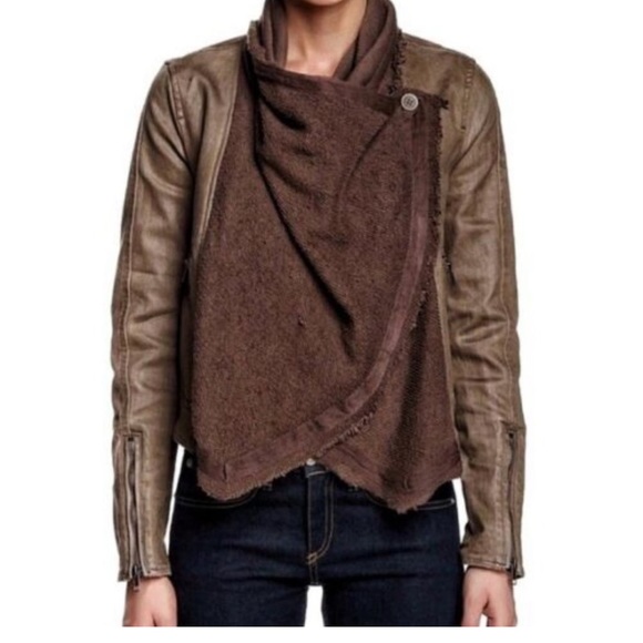 Free People Drape Front Coated Denim Moto Jacket | Olive/Green | Size 10 - Picture 2 of 14